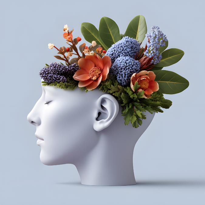 Illustration of a head with flowers in bloom, symbolizing growth, care and transformation.